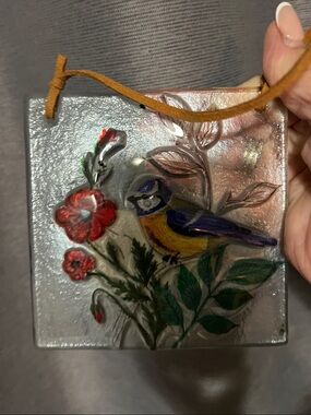 Hand-Painted Blue and Yellow Bird Glass Suncatcher - Decorative Pet Bird Art